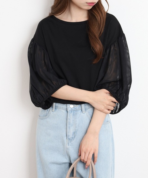 FUNALIVE（ファンアライブ）の「Comoely Closet チュールで作るバルーンスリーブトップス 半端袖（Tシャツ/カットソー・レディース・グレー/ブラック・M/S）」の5枚目の写真