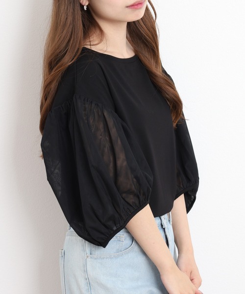 FUNALIVE（ファンアライブ）の「Comoely Closet チュールで作るバルーンスリーブトップス 半端袖（Tシャツ/カットソー・レディース・グレー/ブラック・M/S）」の6枚目の写真