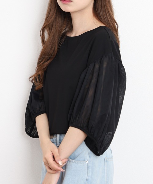 FUNALIVE（ファンアライブ）の「Comoely Closet チュールで作るバルーンスリーブトップス 半端袖（Tシャツ/カットソー・レディース・グレー/ブラック・M/S）」の7枚目の写真