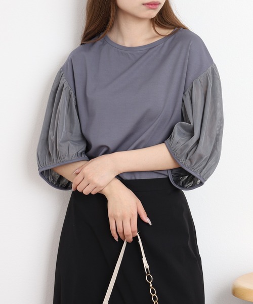 FUNALIVE（ファンアライブ）の「Comoely Closet チュールで作るバルーンスリーブトップス 半端袖（Tシャツ/カットソー・レディース・グレー/ブラック・M/S）」の10枚目の写真