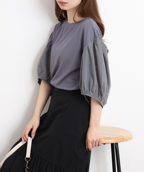 FUNALIVE（ファンアライブ）の「Comoely Closet チュールで作るバルーンスリーブトップス 半端袖（Tシャツ/カットソー・レディース・グレー/ブラック・M/S）」の12枚目の写真
