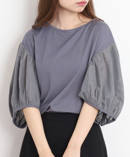 FUNALIVE（ファンアライブ）の「Comoely Closet チュールで作るバルーンスリーブトップス 半端袖（Tシャツ/カットソー・レディース・グレー/ブラック・M/S）」の14枚目の写真