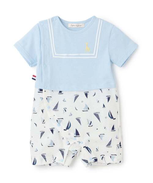 Sophie la girafe(ソフィーラジラフ)の「ヨット柄サッカーショートオール【日本製】(ロンパース・キッズ・オフホワイト/ライトブルー・80cm/70cm)」の2枚目の写真