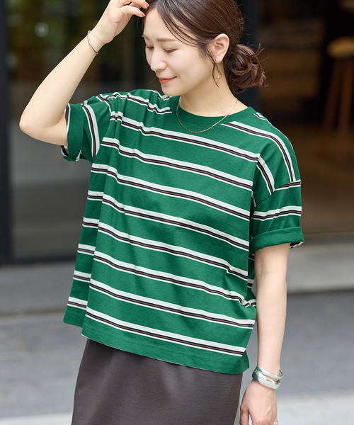 JOURNAL STANDARD(ジャーナルスタンダード)の「《追加3》汗ジミ防止ボーダービッグT(Tシャツ/カットソー・レディース・ベージュ/グリーン/ブラック/ウッド・FREE)」の4枚目の写真