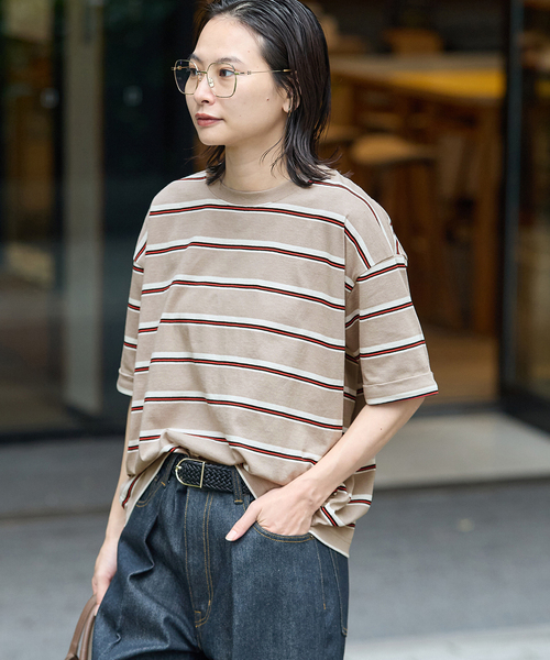 JOURNAL STANDARD(ジャーナルスタンダード)の「《追加3》汗ジミ防止ボーダービッグT(Tシャツ/カットソー・レディース・ベージュ/グリーン/ブラック/ウッド・FREE)」の5枚目の写真
