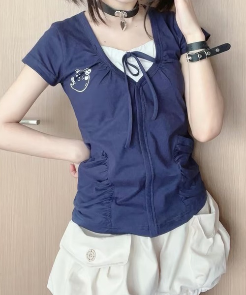 AsheKsha(アシクシャ)の「ツーピース風パッチワークトップス(Tシャツ/カットソー・レディース・ネイビー/ライトグレー・M)」の2枚目の写真