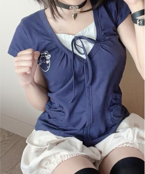 AsheKsha(アシクシャ)の「ツーピース風パッチワークトップス(Tシャツ/カットソー・レディース・ネイビー/ライトグレー・M)」の22枚目の写真
