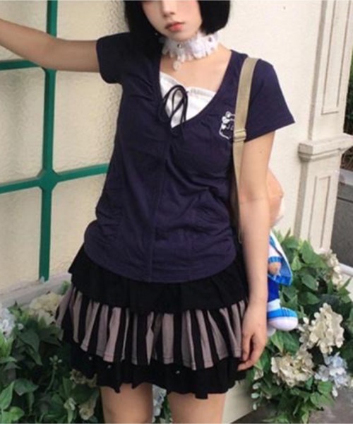 AsheKsha(アシクシャ)の「ツーピース風パッチワークトップス(Tシャツ/カットソー・レディース・ネイビー/ライトグレー・M)」の3枚目の写真