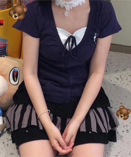 AsheKsha(アシクシャ)の「ツーピース風パッチワークトップス(Tシャツ/カットソー・レディース・ネイビー/ライトグレー・M)」の4枚目の写真