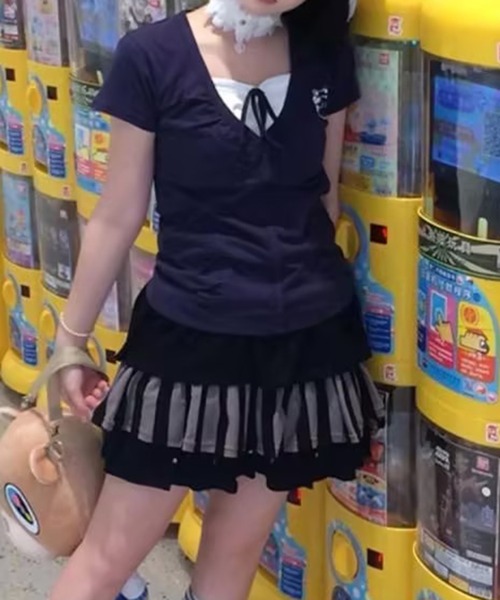 AsheKsha(アシクシャ)の「ツーピース風パッチワークトップス(Tシャツ/カットソー・レディース・ネイビー/ライトグレー・M)」の8枚目の写真