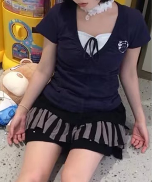 AsheKsha(アシクシャ)の「ツーピース風パッチワークトップス(Tシャツ/カットソー・レディース・ネイビー/ライトグレー・M)」の9枚目の写真