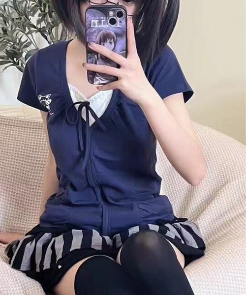 AsheKsha(アシクシャ)の「ツーピース風パッチワークトップス(Tシャツ/カットソー・レディース・ネイビー/ライトグレー・M)」の10枚目の写真