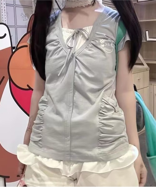 AsheKsha(アシクシャ)の「ツーピース風パッチワークトップス(Tシャツ/カットソー・レディース・ネイビー/ライトグレー・M)」の13枚目の写真