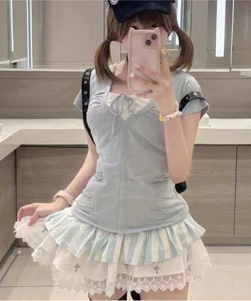 AsheKsha(アシクシャ)の「ツーピース風パッチワークトップス(Tシャツ/カットソー・レディース・ネイビー/ライトグレー・M)」の16枚目の写真