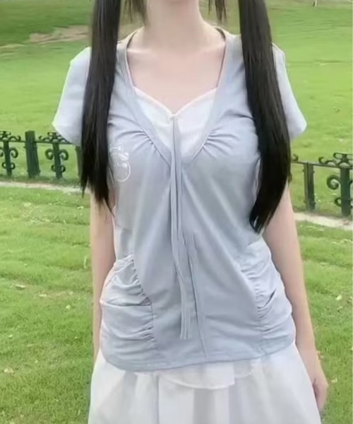 AsheKsha(アシクシャ)の「ツーピース風パッチワークトップス(Tシャツ/カットソー・レディース・ネイビー/ライトグレー・M)」の17枚目の写真