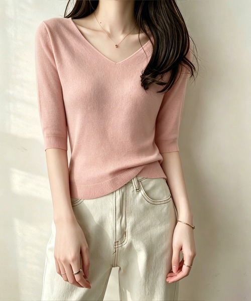 Miniministore(ミニミニストア)の「ニットトップス レディース 韓国風春夏服(ニット/セーター・レディース・ピンク/ブラック/ネイビー/ベージュ/グレー/ホワイト/マスタード/アイボリー・FREE)」の8枚目の写真