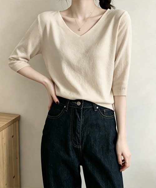 Miniministore(ミニミニストア)の「ニットトップス レディース 韓国風春夏服(ニット/セーター・レディース・ピンク/ブラック/ネイビー/ベージュ/グレー/ホワイト/マスタード/アイボリー・FREE)」の3枚目の写真