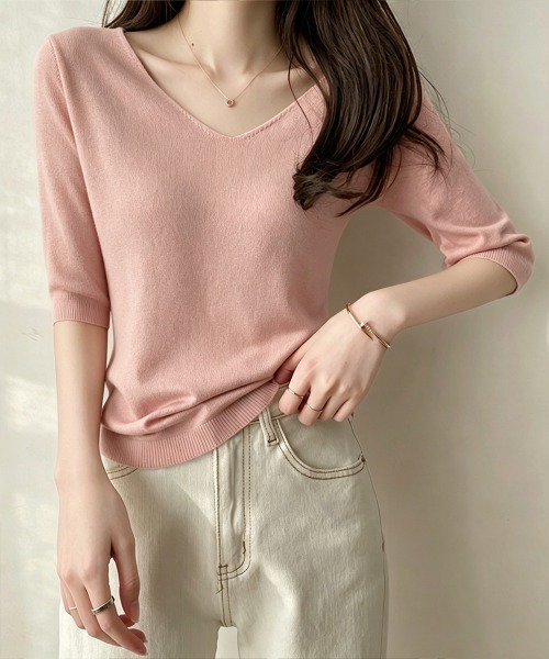 Miniministore(ミニミニストア)の「ニットトップス レディース 韓国風春夏服(ニット/セーター・レディース・ピンク/ブラック/ネイビー/ベージュ/グレー/ホワイト/マスタード/アイボリー・FREE)」の10枚目の写真