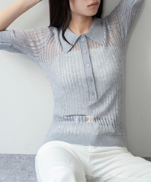 on:nue（オンニュ）の「【on:nue】ハーフボタンシアーリブポロニット（ニット/セーター・レディース・チャコールグレー/ベージュ/グレー・FREE）」の8枚目の写真