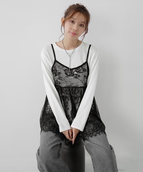 AMUU. PRECIEUSE(アムープレシューズ)の「シアーレースチュニックキャミ(キャミソール・レディース・オフホワイト/ブラック・FREE)」の3枚目の写真