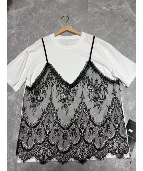 Lips(リップス)の「レースキャミを重ねたような旬のレイヤードデザイン!1枚でこなれ感が叶うドッキングTシャツ(Tシャツ/カットソー・レディース・ホワイト/ブラック/ブラウン・FREE)」の5枚目の写真