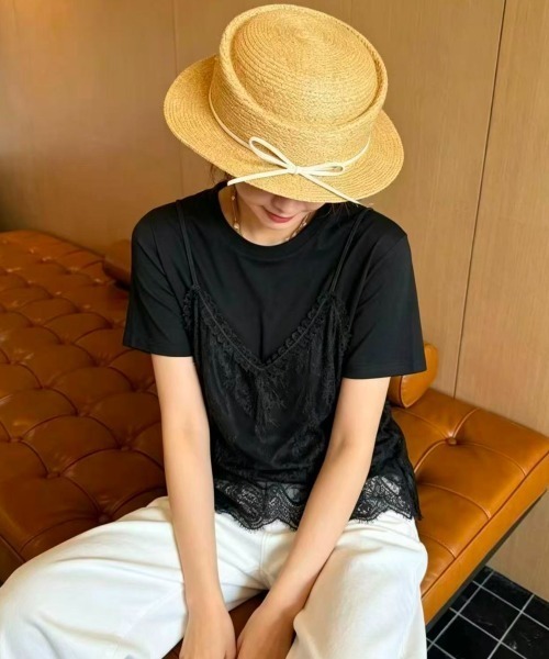 Lips(リップス)の「レースキャミを重ねたような旬のレイヤードデザイン!1枚でこなれ感が叶うドッキングTシャツ(Tシャツ/カットソー・レディース・ホワイト/ブラック/ブラウン・FREE)」の6枚目の写真