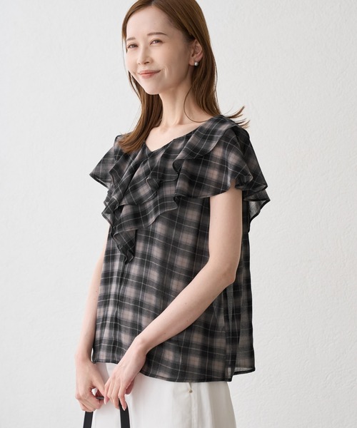 ROPE' PICNIC(ロペピクニック)の「マドラスチェックボイルブラウス(シャツ/ブラウス・レディース・ブラック/ラベンダー/オフホワイト・FREE)」の6枚目の写真