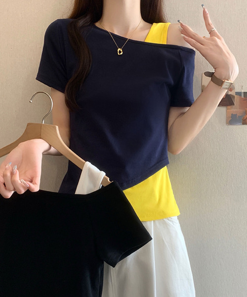 2ly2(トゥーリートゥー)の「レイヤード風 ワンショルダーデザインTシャツ(Tシャツ/カットソー・レディース・ブラック/グレー/ネイビー・FREE)」の11枚目の写真