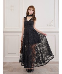 バックリボンフローラルレースロングワンピース