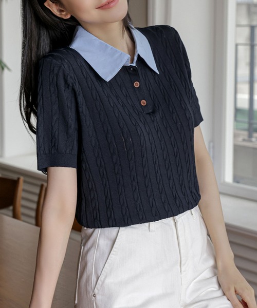 Girly Doll(ガーリードール)の「ケーブル切り替え半袖ポロニット(ニット/セーター・レディース・ネイビー/ベージュ/ホワイト・FREE)」の5枚目の写真