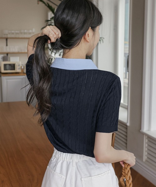 Girly Doll(ガーリードール)の「ケーブル切り替え半袖ポロニット(ニット/セーター・レディース・ネイビー/ベージュ/ホワイト・FREE)」の6枚目の写真