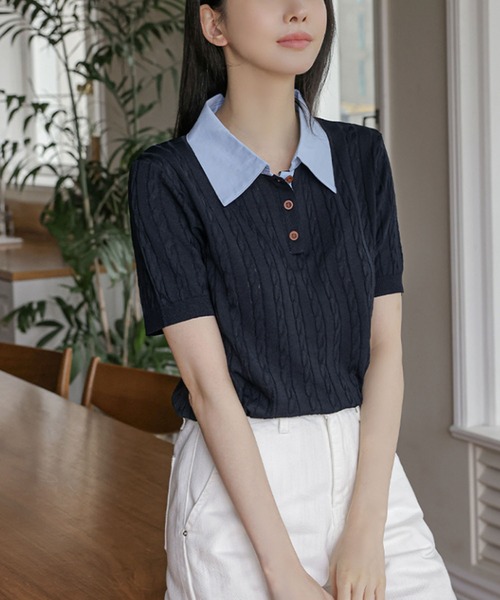 Girly Doll(ガーリードール)の「ケーブル切り替え半袖ポロニット(ニット/セーター・レディース・ネイビー/ベージュ/ホワイト・FREE)」の8枚目の写真
