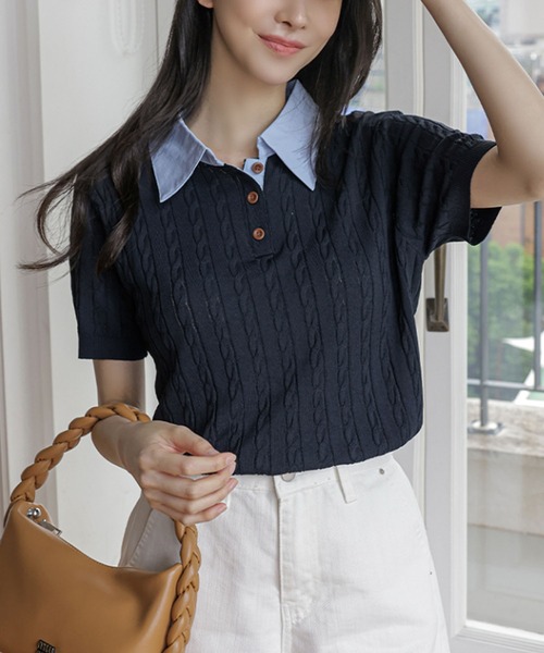 Girly Doll(ガーリードール)の「ケーブル切り替え半袖ポロニット(ニット/セーター・レディース・ネイビー/ベージュ/ホワイト・FREE)」の12枚目の写真