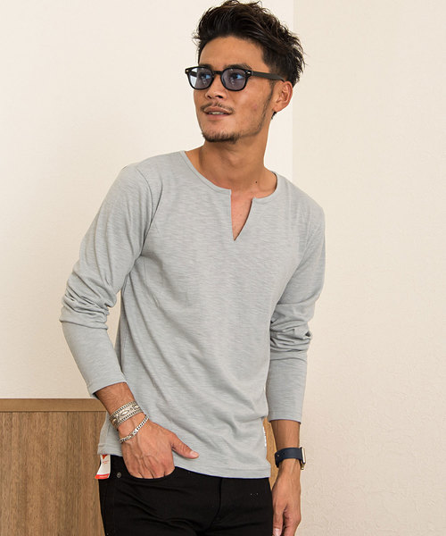 SILVER BULLET(シルバーバレット)の「『CavariA/キャバリア』スラブ天竺キーネック長袖Tシャツ(Tシャツ/カットソー・メンズ・ホワイト/ブラック/グレー/カーキ/ネイビー/ライトピンク・L/M/XL)」の1枚目の写真