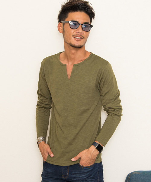 SILVER BULLET(シルバーバレット)の「『CavariA/キャバリア』スラブ天竺キーネック長袖Tシャツ(Tシャツ/カットソー・メンズ・ホワイト/ブラック/グレー/カーキ/ネイビー/ライトピンク・L/M/XL)」の4枚目の写真