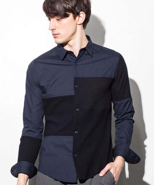 1PIU1UGUALE3  RELAX （ウノピゥウノウグァーレトレ リラックス）の「1PIU1UGUALE3 RELAX(ウノピゥウノウグァーレトレ)ブロッキングニットシャツ（シャツ/ブラウス・メンズ・ホワイト/ネイビー・SMALL/MEDIUM/LARGE/X-LARGE）」の2枚目の写真