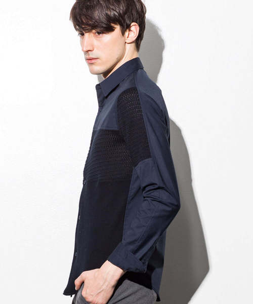 1PIU1UGUALE3  RELAX （ウノピゥウノウグァーレトレ リラックス）の「1PIU1UGUALE3 RELAX(ウノピゥウノウグァーレトレ)ブロッキングニットシャツ（シャツ/ブラウス・メンズ・ホワイト/ネイビー・SMALL/MEDIUM/LARGE/X-LARGE）」の7枚目の写真