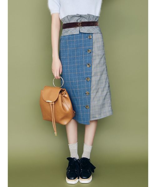 dazzlin（ダズリン）の「パッチワークチェックラップスカート（スカート・レディース・ブルー/ネイビー/ブラウン・SMALL/MEDIUM）」の3枚目の写真