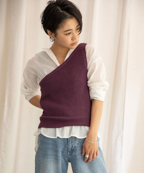 Liyoca(リヨカ)の「【Liyoca】ワンショルダーニット(タンクトップ・レディース・ブラウン/ネイビー/パープル/マスタード・FREE)」の4枚目の写真