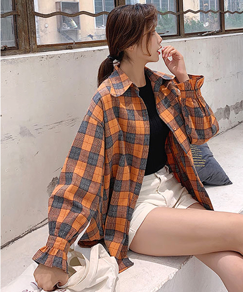 neos(ネオス)の「【neos -addictive design- LD】ルーズシルエット フリルスリーブ チェックシャツ(シャツ/ブラウス・レディース・オレンジ/アイボリー・SMALL/MEDIUM/LARGE/X-LARGE)」の2枚目の写真