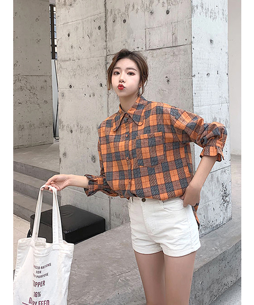 neos(ネオス)の「【neos -addictive design- LD】ルーズシルエット フリルスリーブ チェックシャツ(シャツ/ブラウス・レディース・オレンジ/アイボリー・SMALL/MEDIUM/LARGE/X-LARGE)」の9枚目の写真