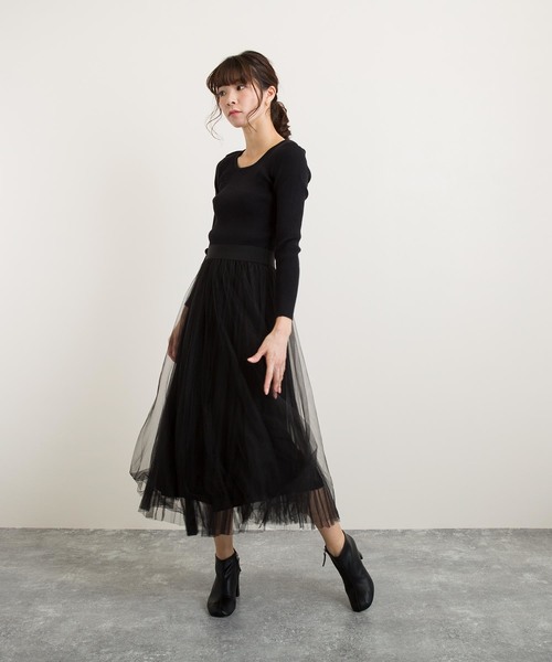 公式ののリブニット チュールドッキングワンピース 日本製即出荷の