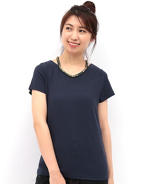 チチカカ(チチカカ)の「ビーズネックフレンチスリーブ(Tシャツ/カットソー・レディース・ネイビー/グリーン/イエロー/ピンク・LARGE/MEDIUM)」の3枚目の写真