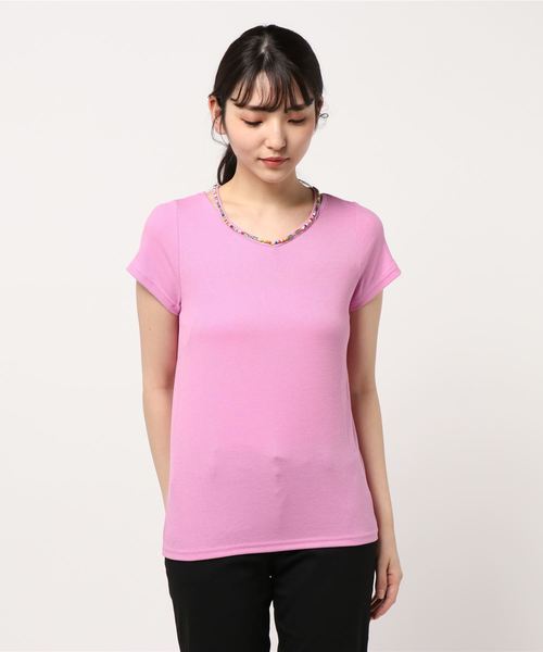 チチカカ(チチカカ)の「ビーズネックフレンチスリーブ(Tシャツ/カットソー・レディース・ネイビー/グリーン/イエロー/ピンク・LARGE/MEDIUM)」の16枚目の写真