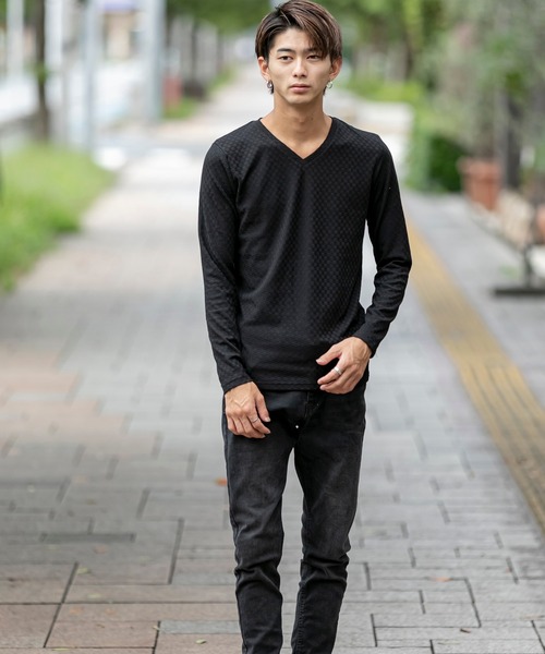 A.S.M（エーエスエム）の「スモール ブロック ジャガード Vネック ロング Tシャツ（Tシャツ/カットソー・メンズ・ホワイト/ライトグレー/ブラック/ネイビー・48/50/52）」の13枚目の写真