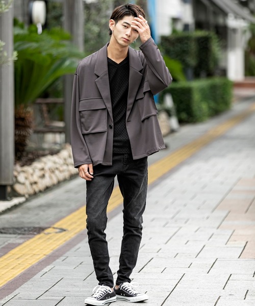 A.S.M（エーエスエム）の「スモール ブロック ジャガード Vネック ロング Tシャツ（Tシャツ/カットソー・メンズ・ホワイト/ライトグレー/ブラック/ネイビー・48/50/52）」の14枚目の写真