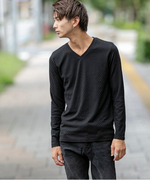 A.S.M（エーエスエム）の「スモール ブロック ジャガード Vネック ロング Tシャツ（Tシャツ/カットソー・メンズ・ホワイト/ライトグレー/ブラック/ネイビー・48/50/52）」の16枚目の写真