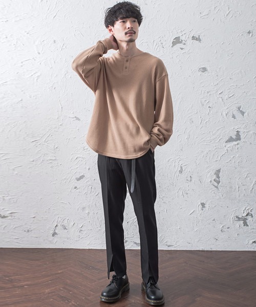 MinoriTY（マイノリティ）の「メンズ長袖ビッグシルエットワッフル2WAYロンT【ヘンリーネック⇔クルーネック】（Tシャツ/カットソー・メンズ・ブラック/グレー/モカ・M/L）」の11枚目の写真