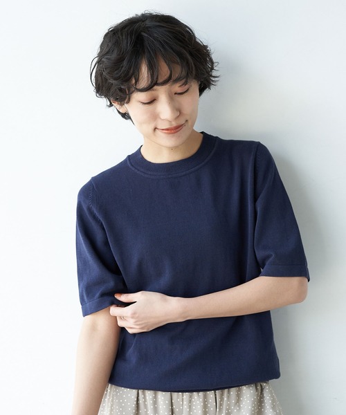 AMERICAN HOLIC（アメリカンホリック）の「クルーネック5分袖ニットプルオーバー ＊〇（ニット/セーター・レディース・ネイビー/グリーン/ピンク/モカ/ブラック/イエロー/ブラウン/アイボリー・M/L）」の6枚目の写真