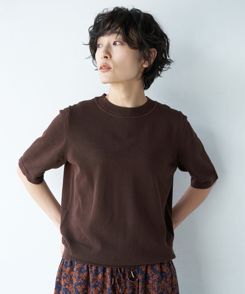 AMERICAN HOLIC（アメリカンホリック）の「クルーネック5分袖ニットプルオーバー ＊〇（ニット/セーター・レディース・ネイビー/グリーン/ピンク/モカ/ブラック/イエロー/ブラウン/アイボリー・M/L）」の3枚目の写真